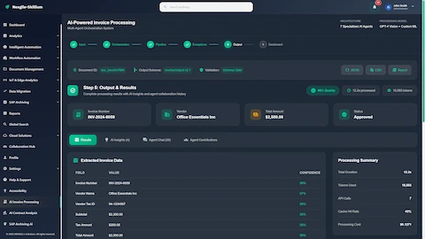 Output & Results - Extracted invoice data with field-level confidence scores, processing summary, and approval status